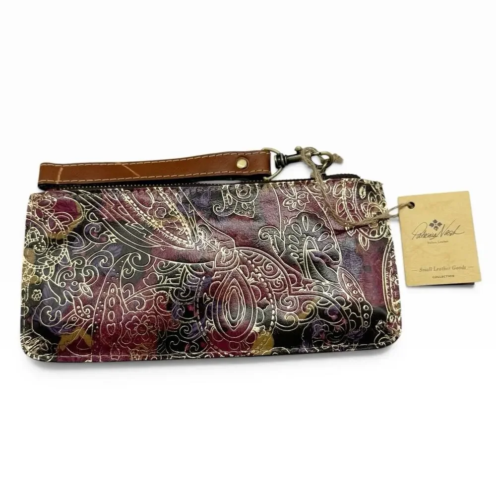 NWT Patricia Nash Metallic Tooled Lace Leather Clutch Wristlet Dark Paisley Zip